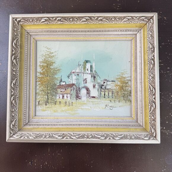 Original Signed Painting Artwork On Wooden Frame Buildings Landscape Community - Picture 1 of 9